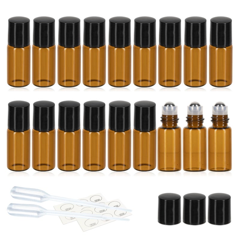 ZEJIA 3ml Roller Bottles 24Pack Amber Thick Glass Essential Oil Bottles with Stainless Steel Roller Ball and 2 Droppers - Image 1